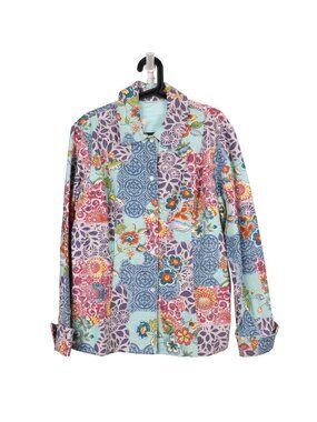 Patchwork Floral Jacket L Womens Pastel Denim Long Blue Boho Hippie Multicolor